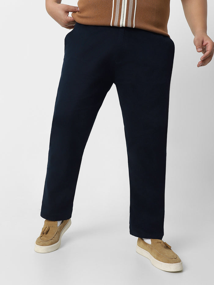 Plus Men's Navy Blue Cotton Regular Fit Casual Chino Pants Stretch