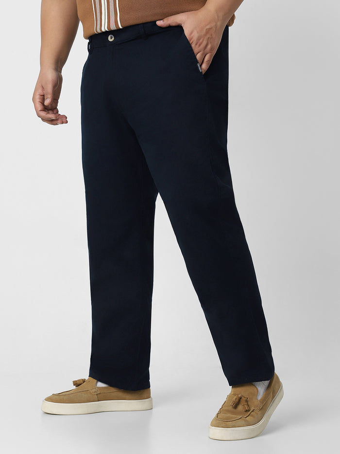 Plus Men's Navy Blue Cotton Regular Fit Casual Chino Pants Stretch