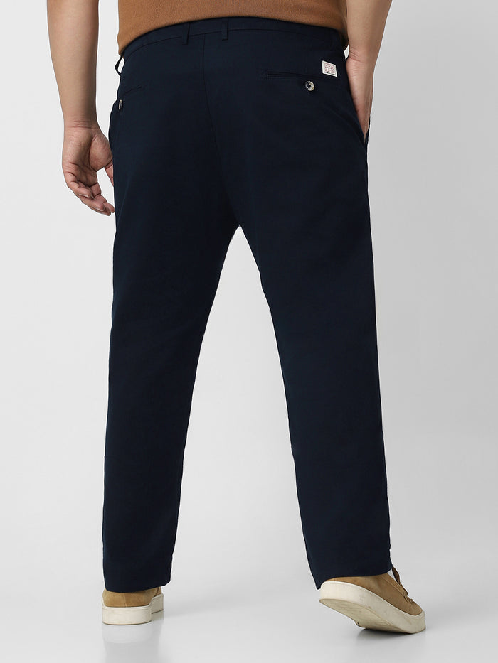 Plus Men's Navy Blue Cotton Regular Fit Casual Chino Pants Stretch