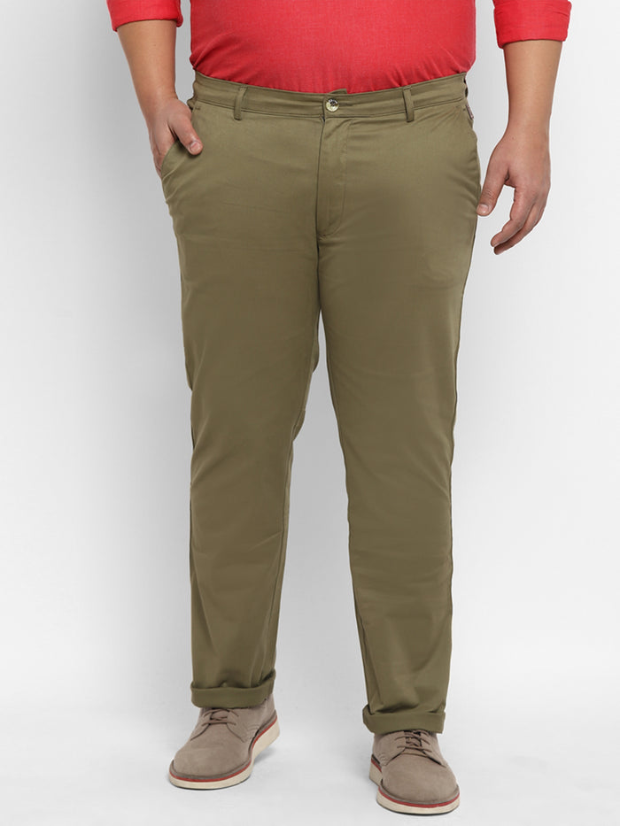 Plus Men's Olive Green Cotton Regular Fit Casual Chinos Trousers Stretch