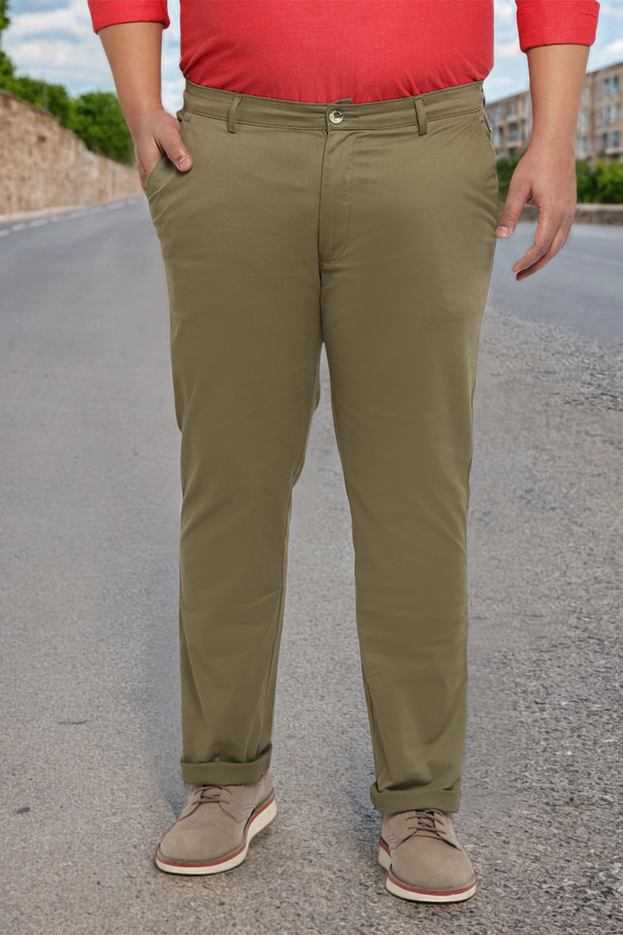 Plus Men's Olive Green Cotton Regular Fit Casual Chinos Trousers Stretch