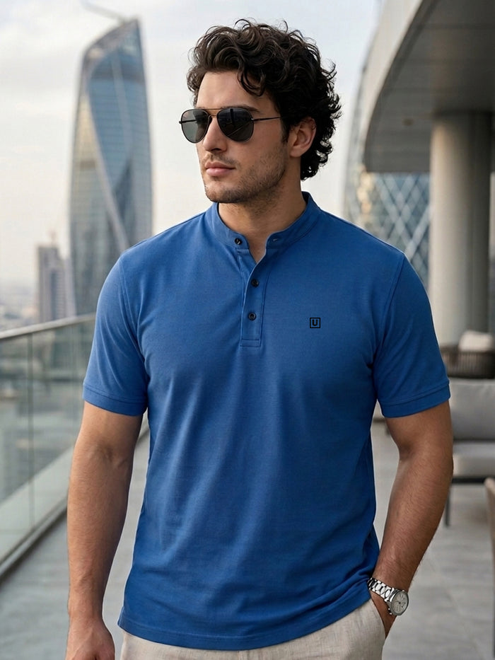 Plus Men's Royal Blue Solid Mandarin Collar Regular Fit Cotton T-Shirt