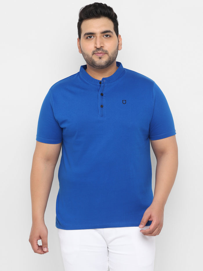 Plus Men's Royal Blue Solid Mandarin Collar Regular Fit Cotton T-Shirt