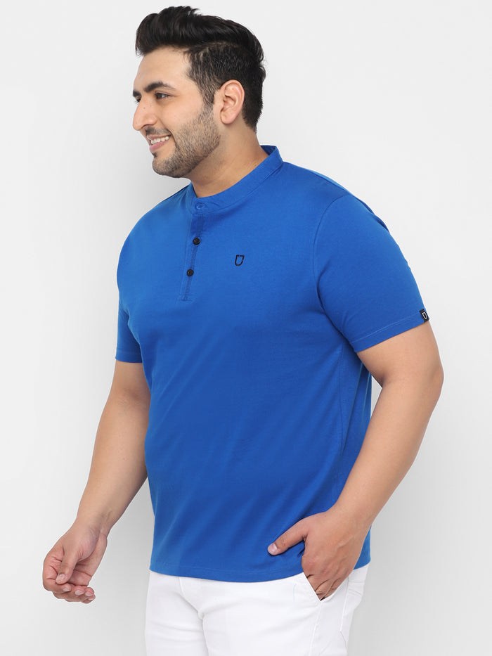 Plus Men's Royal Blue Solid Mandarin Collar Regular Fit Cotton T-Shirt