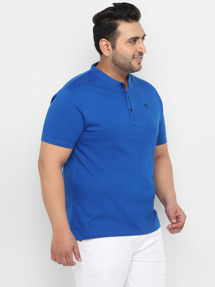 Plus Men's Royal Blue Solid Mandarin Collar Regular Fit Cotton T-Shirt
