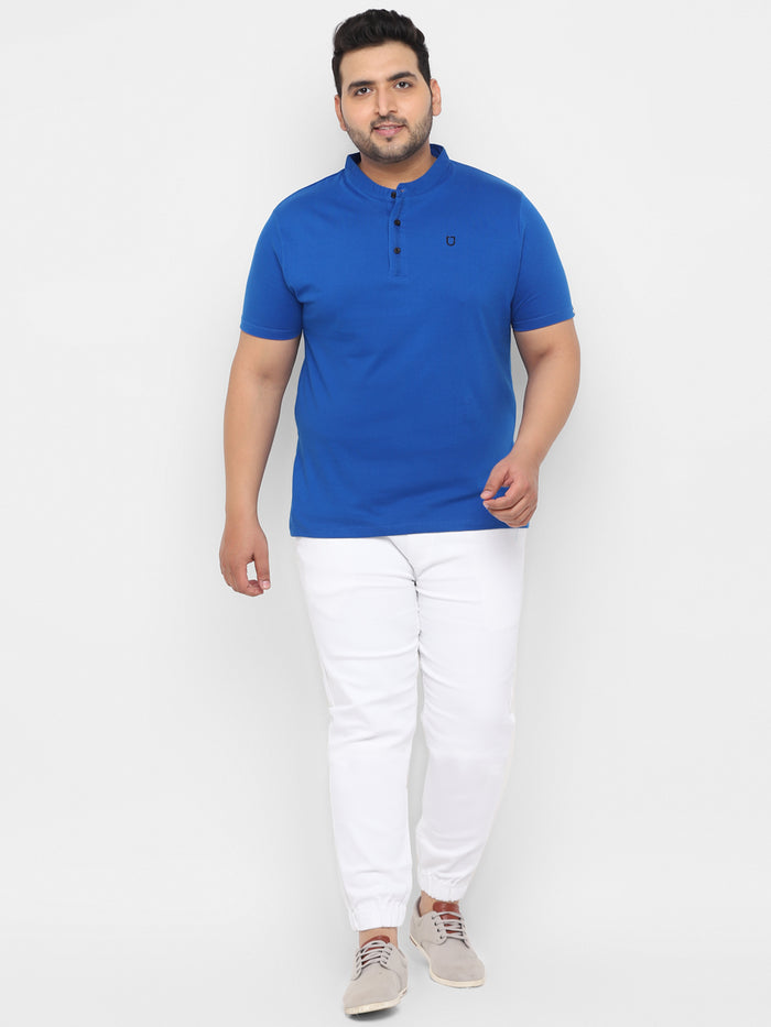 Plus Men's Royal Blue Solid Mandarin Collar Regular Fit Cotton T-Shirt