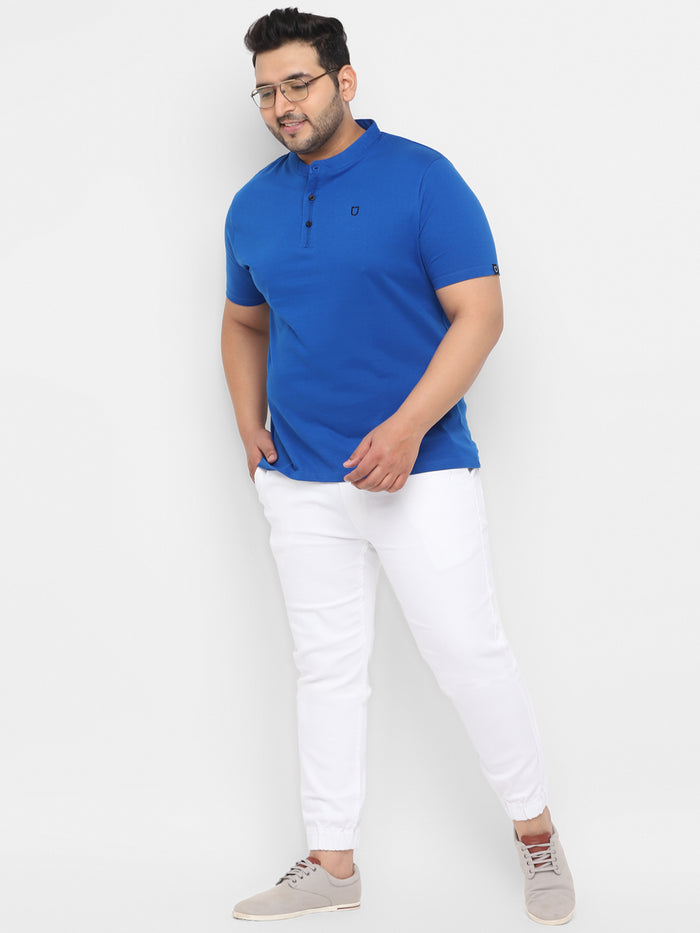 Plus Men's Royal Blue Solid Mandarin Collar Regular Fit Cotton T-Shirt