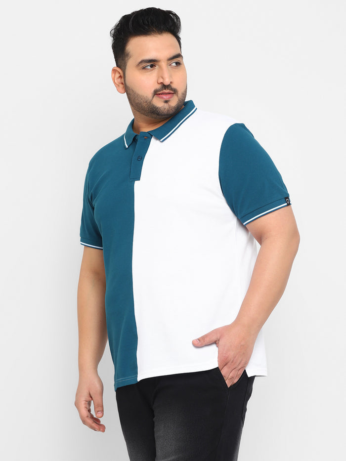 Plus Men's White, Blue Colour-Block Regular Fit Half Sleeve Cotton Polo T-Shirt