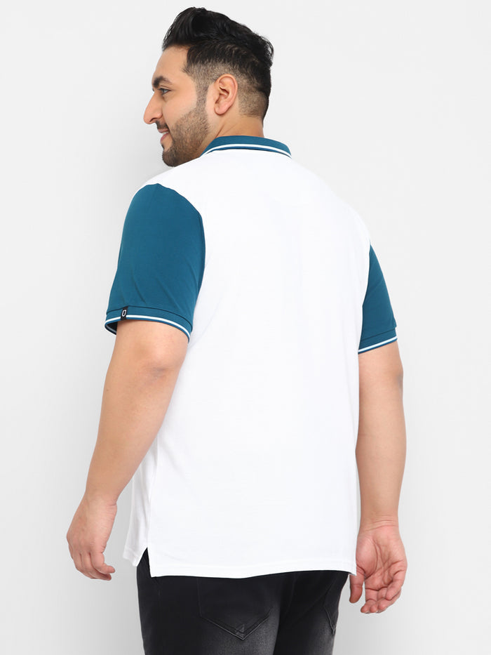 Plus Men's White, Blue Colour-Block Regular Fit Half Sleeve Cotton Polo T-Shirt