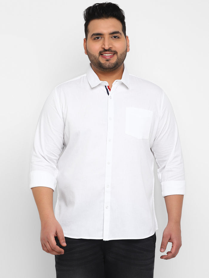 Plus Men's White Cotton Full Sleeve Regular Fit Casual Solid Shirt