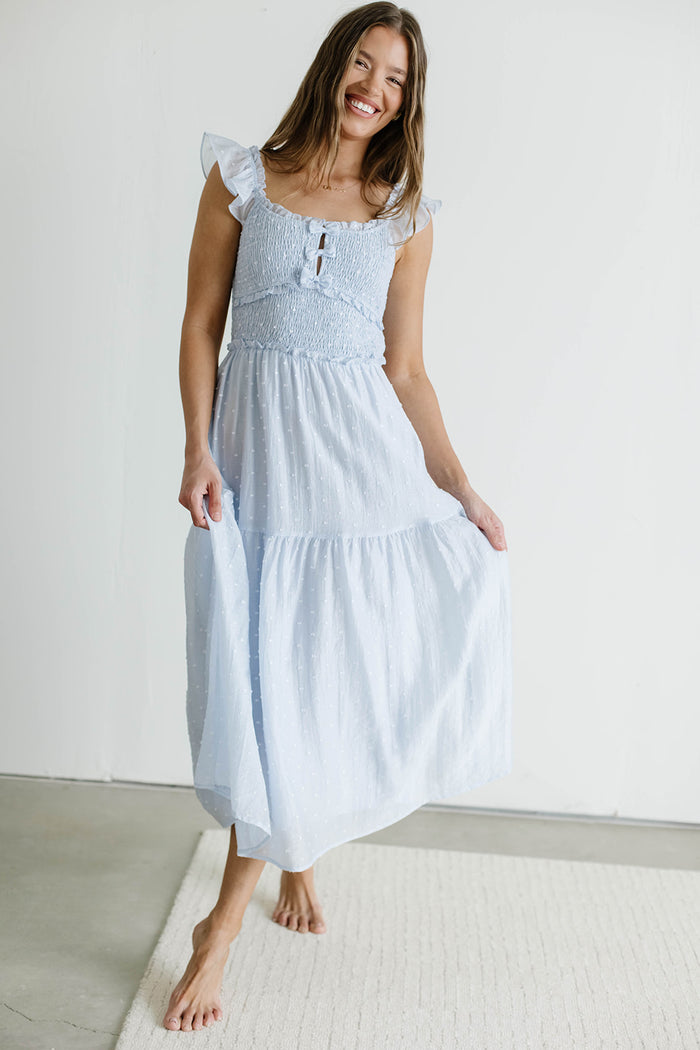 Porter Clip Dot Ruffle Detail Smocked Midi Dress in Light Blue *Final Sale*