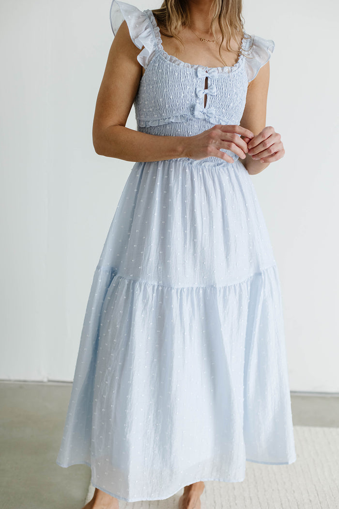 Porter Clip Dot Ruffle Detail Smocked Midi Dress in Light Blue *Final Sale*