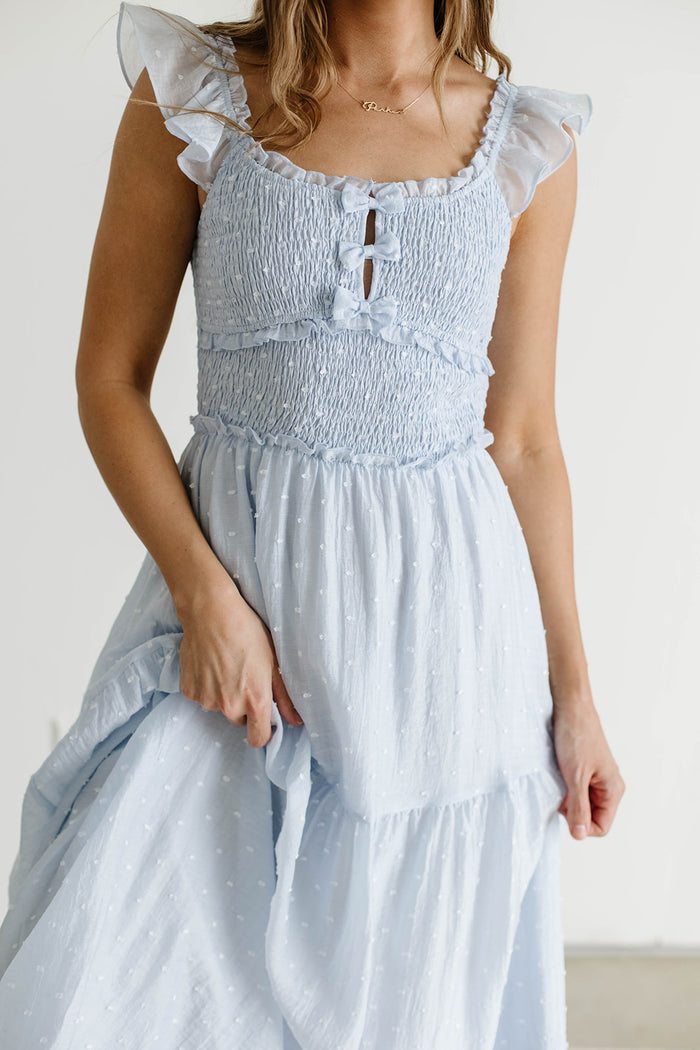 Porter Clip Dot Ruffle Detail Smocked Midi Dress in Light Blue *Final Sale*