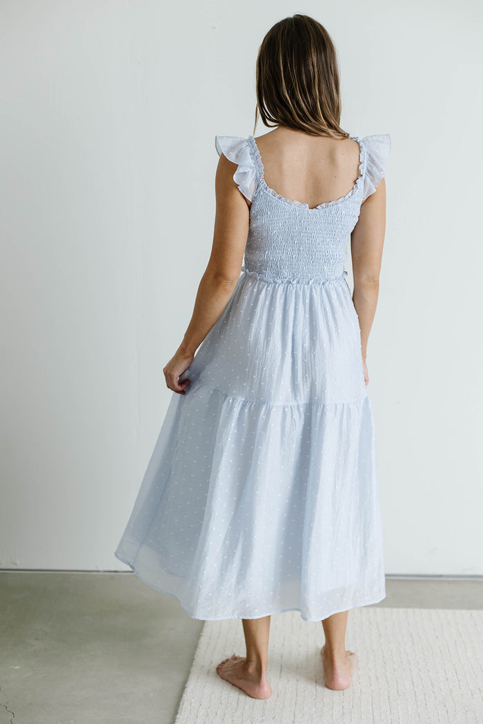 Porter Clip Dot Ruffle Detail Smocked Midi Dress in Light Blue *Final Sale*