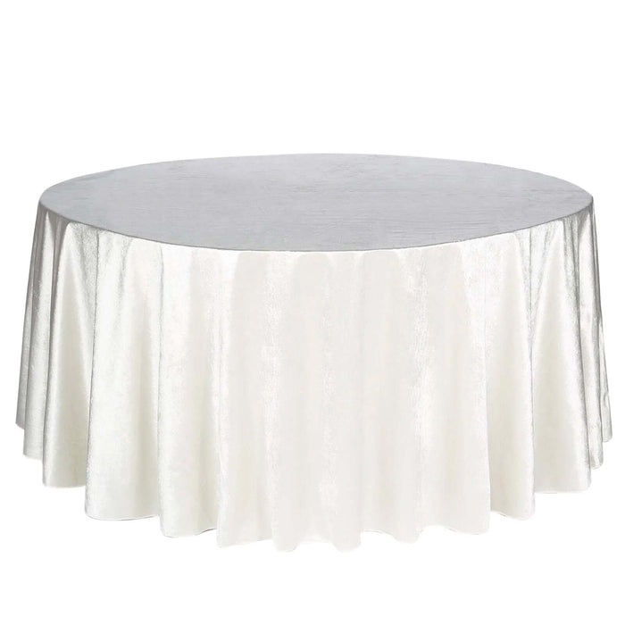 Round white tablecloth with shimmering finish, ideal for events and dining.