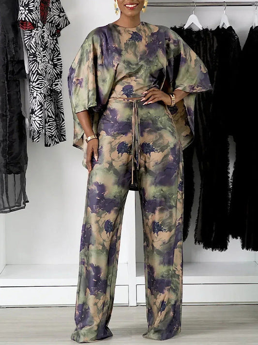 Printed Batwing-Sleeve Top & Pants Set