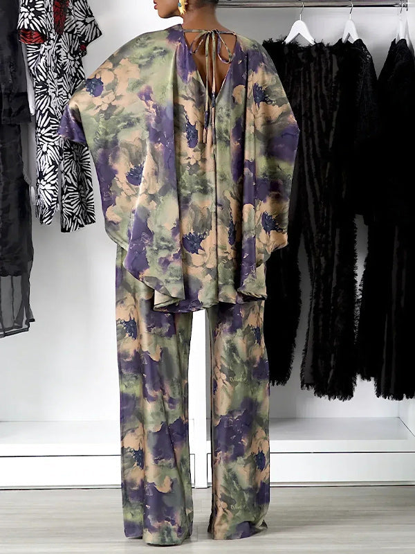 Printed Batwing-Sleeve Top & Pants Set