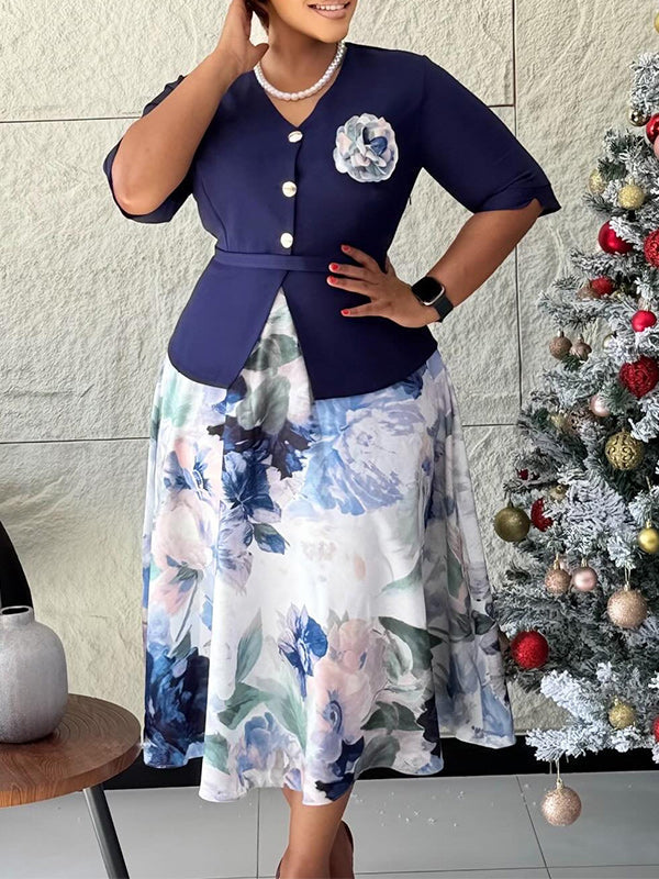 Printed-Combo Button-Front Dress