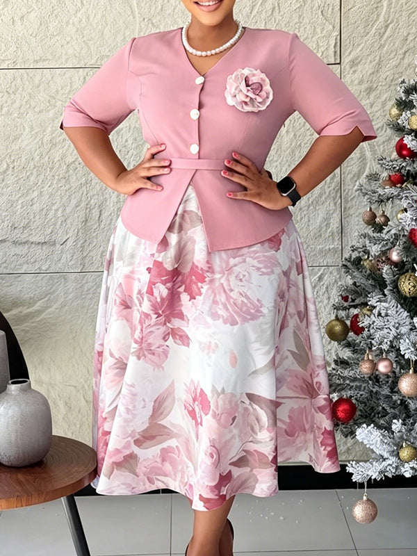 Printed-Combo Button-Front Dress
