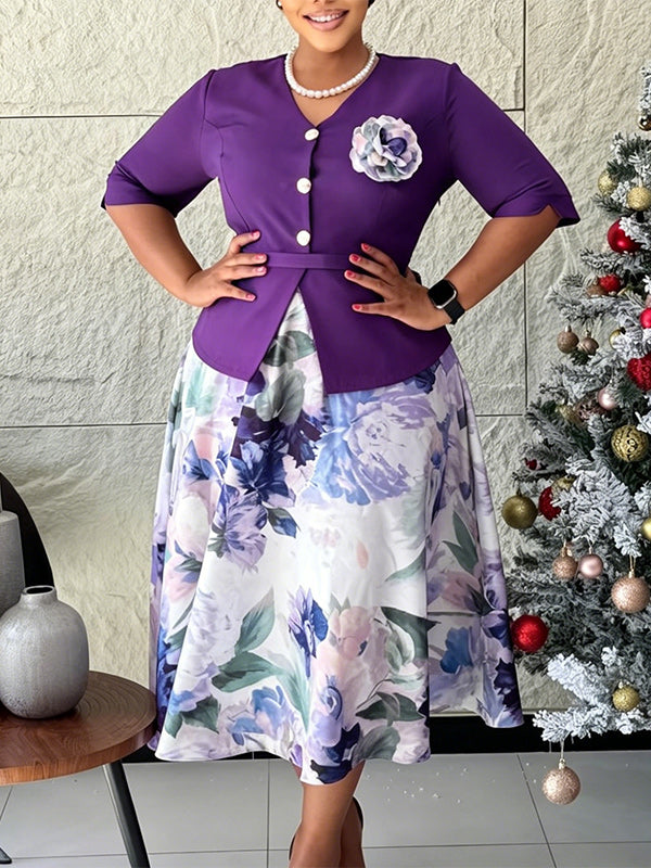 Printed-Combo Button-Front Dress