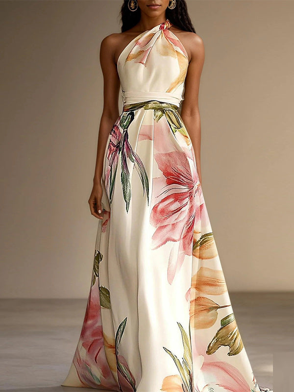 Printed One-Shoulder Tied Maxi Dress