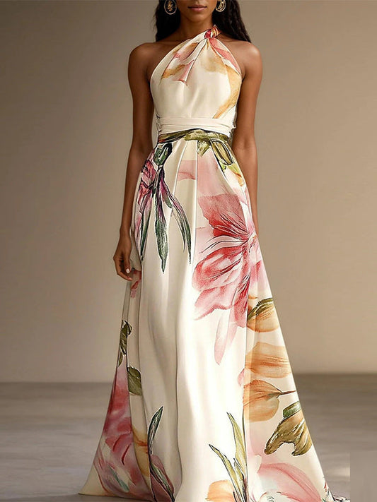 Printed One-Shoulder Tied Maxi Dress
