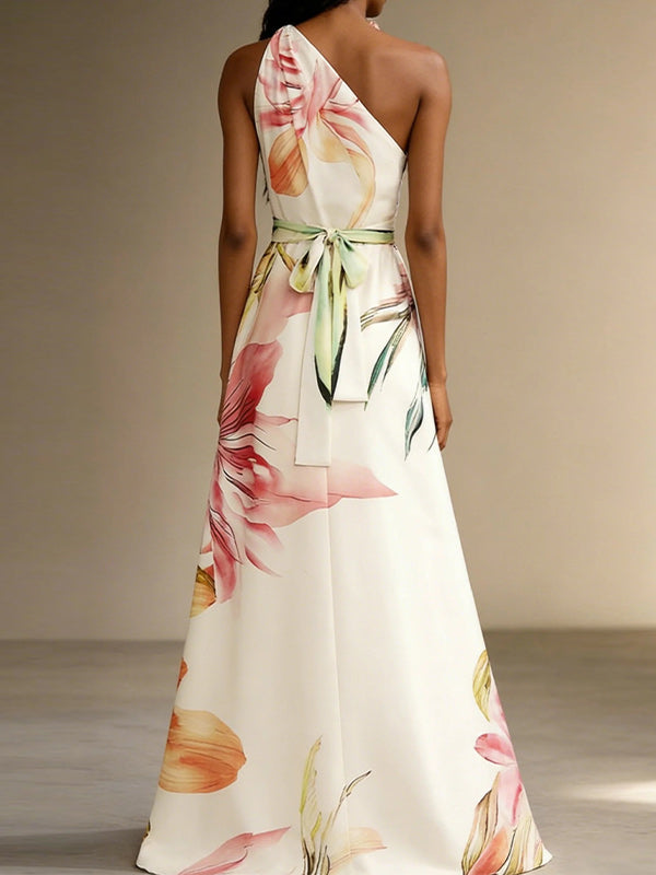 Printed One-Shoulder Tied Maxi Dress