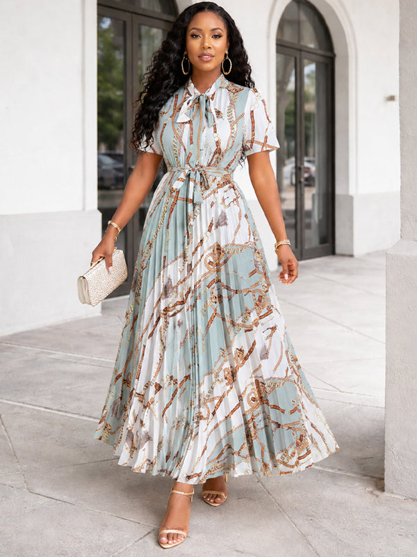 Printed Tied-Neck Pleated Dress