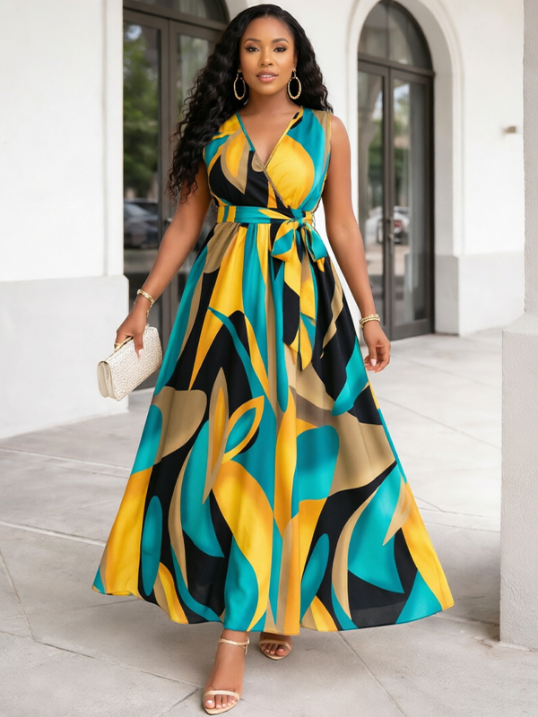 Printed V-Neck Sleeveless Maxi Dress
