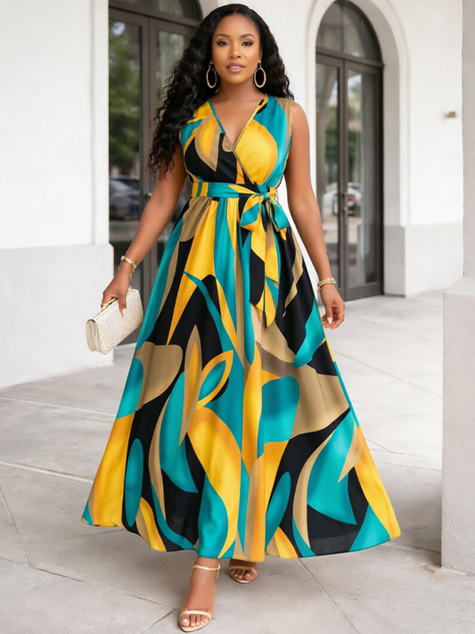 Printed V-Neck Sleeveless Maxi Dress