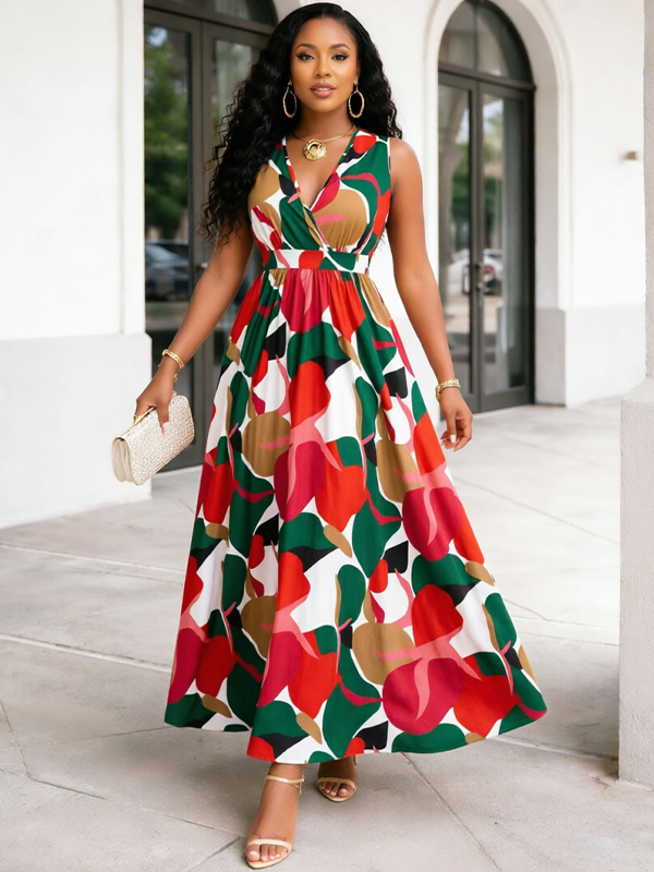 Printed V-Neck Sleeveless Maxi Dress