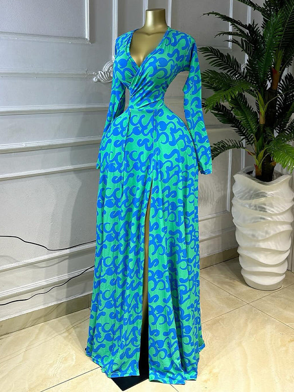Printed V-Neck Slit Dress