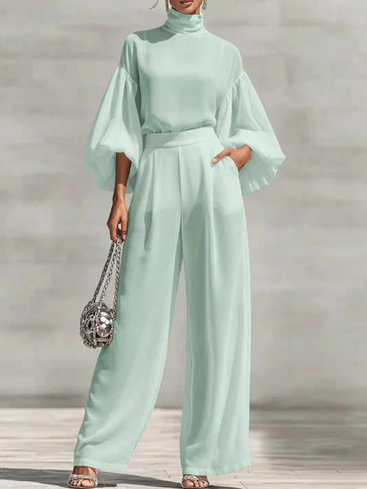 Puff-Sleeve Mock-Neck Top & Pants Set