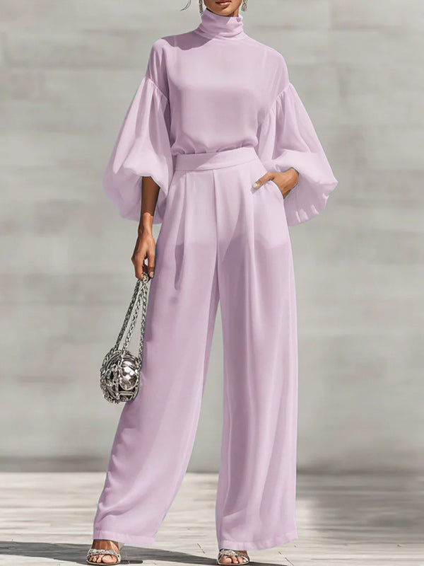 Puff-Sleeve Mock-Neck Top & Pants Set