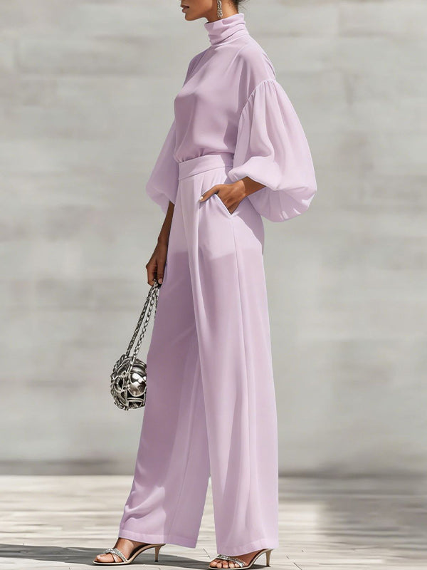 Puff-Sleeve Mock-Neck Top & Pants Set