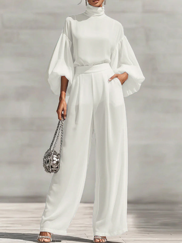 Puff-Sleeve Mock-Neck Top & Pants Set