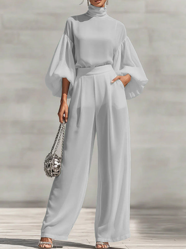 Puff-Sleeve Mock-Neck Top & Pants Set
