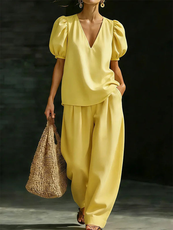 Puff-Sleeve V-Neck Top & Pants Set