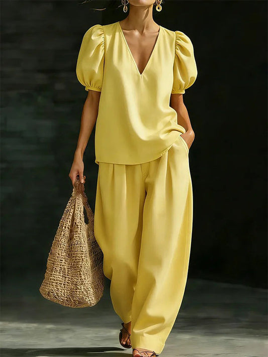 Puff-Sleeve V-Neck Top & Pants Set
