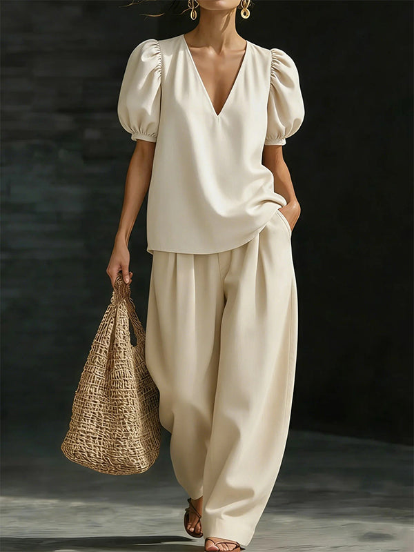 Puff-Sleeve V-Neck Top & Pants Set
