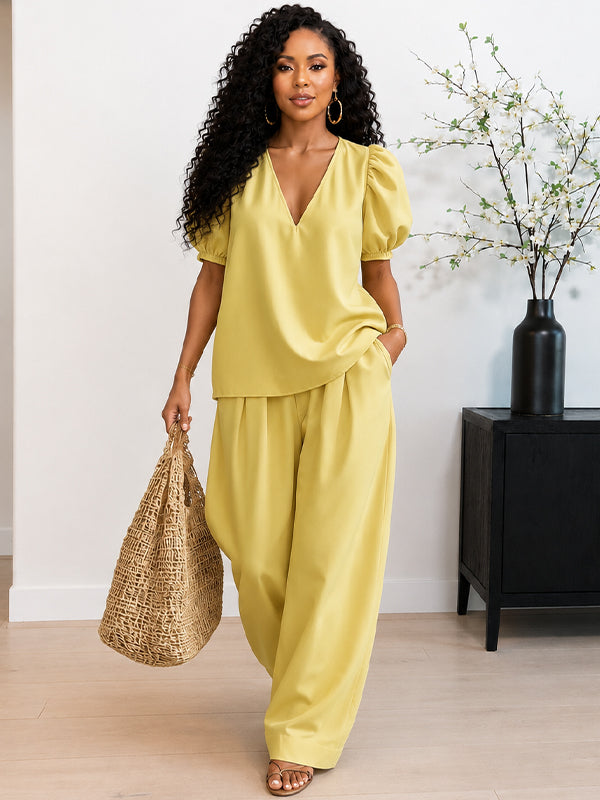 Puff-Sleeve V-Neck Top & Pants Set
