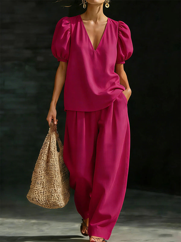 Puff-Sleeve V-Neck Top & Pants Set