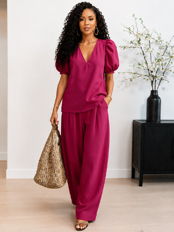 Puff-Sleeve V-Neck Top & Pants Set