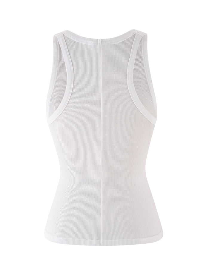 Back view of the TIGERMIST RAFAELLA TANK - WHITE featuring a racerback, bodycon fit, sleeveless ribbed design, and lightweight stretchy fabric.
