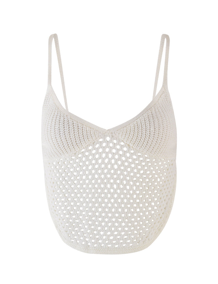 Introducing the RAMSEY TOP by TIGERMIST, a white crochet crop top with thin, adjustable spaghetti straps. The upper section is crafted with denser stitching for added coverage, while the lower part showcases a diamond-shaped open knit pattern for a breathable and stylish design.