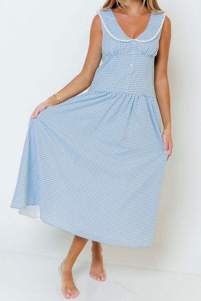 Reagyn Drop Waist Lace Trim Gingham Midi Dress in Blue *Final Sale*