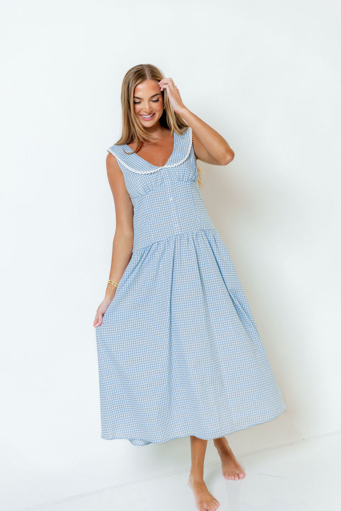 Reagyn Drop Waist Lace Trim Gingham Midi Dress in Blue *Final Sale*