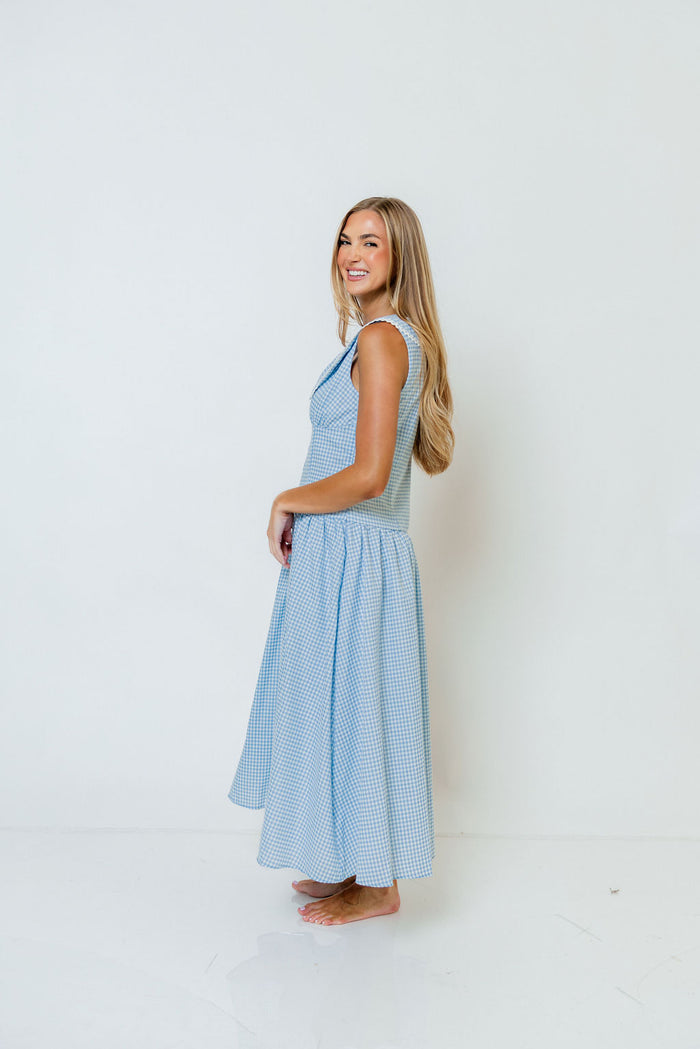 Reagyn Drop Waist Lace Trim Gingham Midi Dress in Blue *Final Sale*