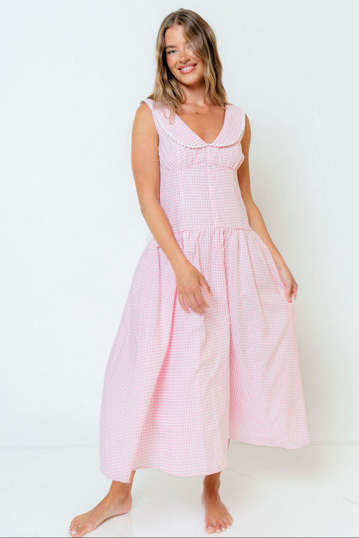 Reagyn Drop Waist Lace Trim Gingham Midi Dress in Pink *Final Sale*