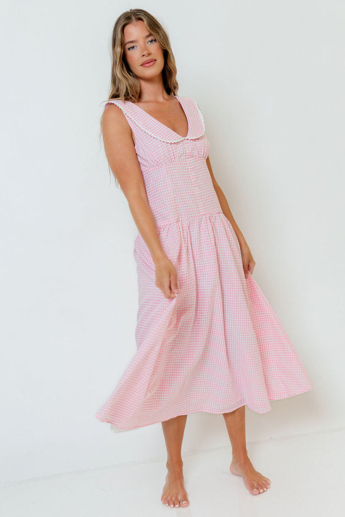 Reagyn Drop Waist Lace Trim Gingham Midi Dress in Pink *Final Sale*